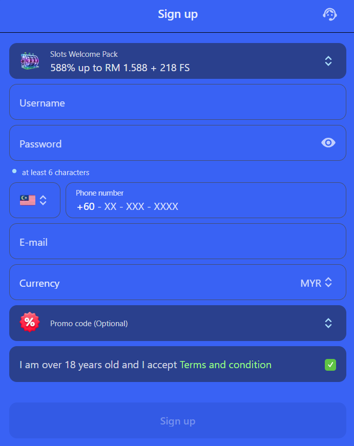 Skrin pendaftaran DK88 — cipta akaun Malaysia